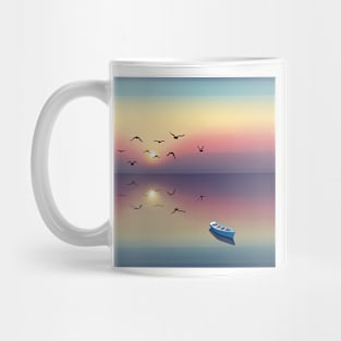 Pastel Sunrise, Flock of Birds Reflection Landscape Digital Illustration Mug